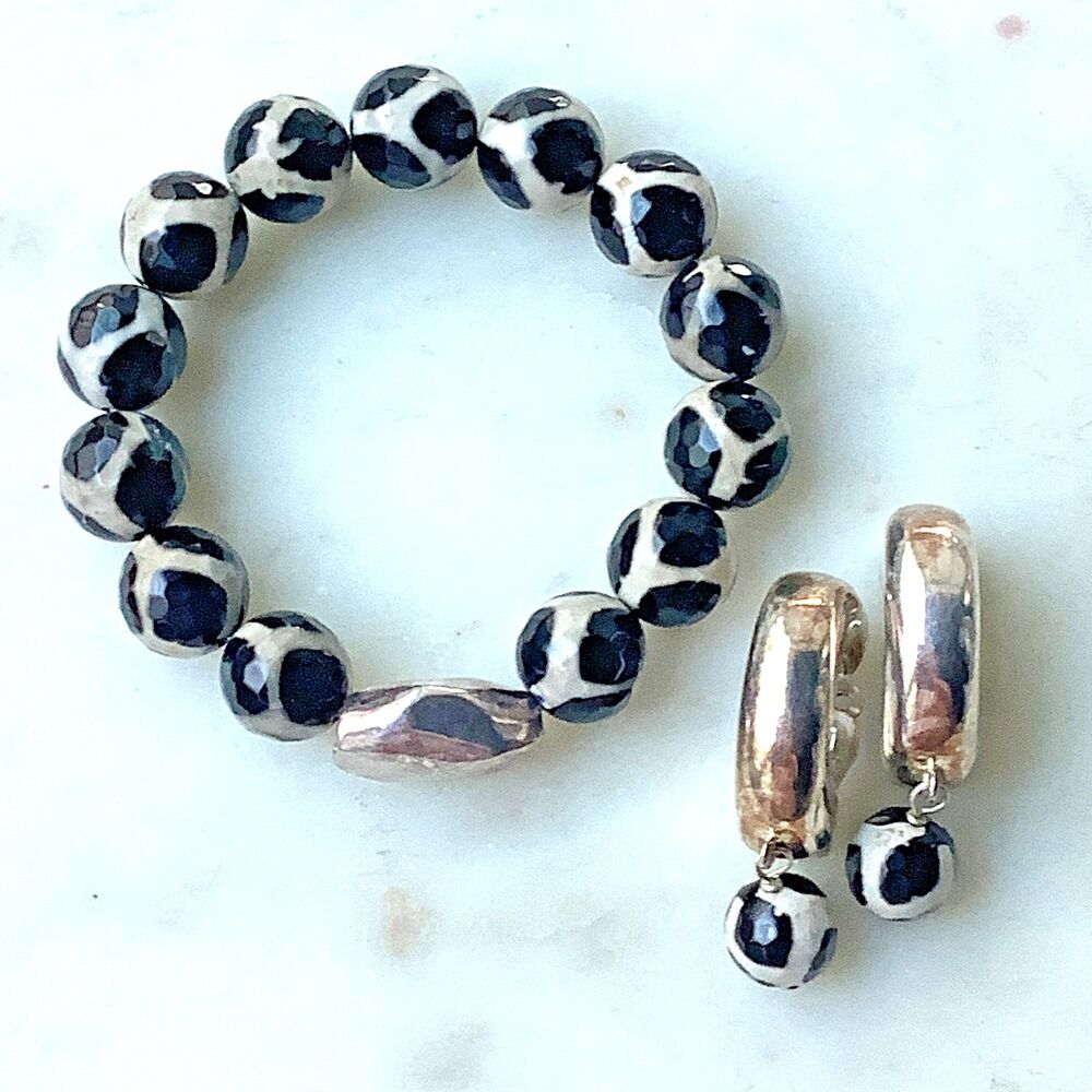 Sterling Giraffe Agate Earrings Stretch Bracelet 925 Silver Black White Stones - Picture 13 of 13
